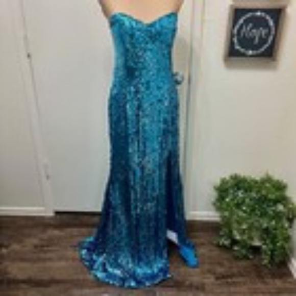 Sean Collection Sequined Lattice Back Mermaid Gown Dress Strapless Aqua Teal 10 - Picture 1 of 14